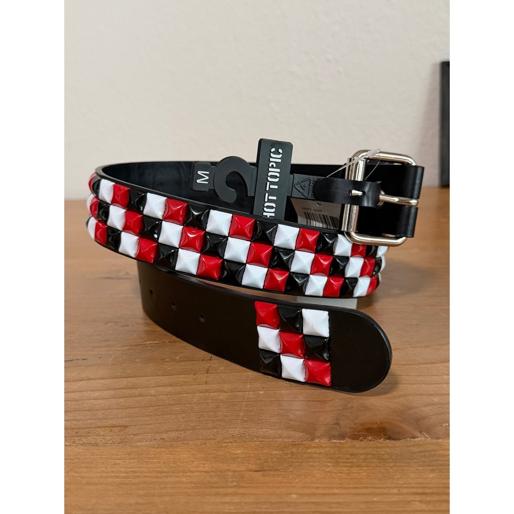 Hot Topic Red White Black 3 Row Pyramid Stud Belt Emo Punk Scene Medium